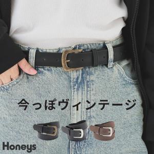 ベルト 合皮 ヴィンテージライク シンプル スタイリッシュ ウエストマーク ガーリー オールシーズン 黒 レディース Honeys ハニーズ ヴィンテージベルト