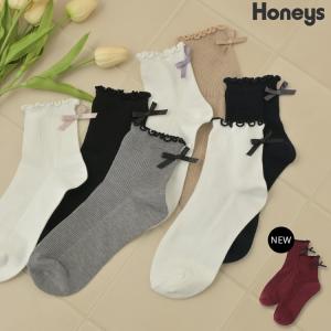 靴下 ソックス ショート丈 クルー丈 バックリボン メローロック フリル フェミニン レディ Honeys ハニーズ リボン付メローソックス