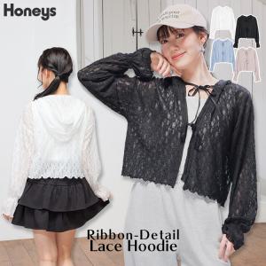トップス パーカー カーディガン 長袖 リボン付き レース キャンディースリーブ ショート丈 ガーリー 夏 レディース Honeys ハニーズ リボン付レースパーカー