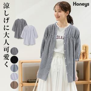 トップス ブラウス スキッパー マオカラー 綿100％ 無地 チェック柄 ストライプ柄 レディース SALE Honeys ハニーズ ６分袖切替チュニック