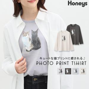 トップス ロンT 長袖 Tシャツ 綿100％ コットン ネコ 猫 可愛い 白 スミクロ レディース Honeys ハニーズ フォトプリントＴシャツ｜ハニーズ Yahoo!店