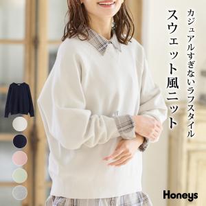 トップス ニット セーター 長袖 スウェット風 クルーネック ラグランスリーブ リブ レ SALE Honeys ハニーズ スウェット風ニット