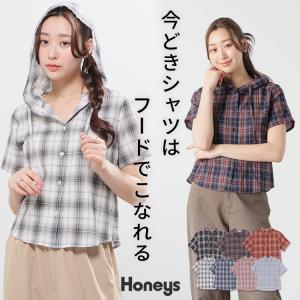 トップス ブラウス 半袖 フード付き チェック柄...の商品画像