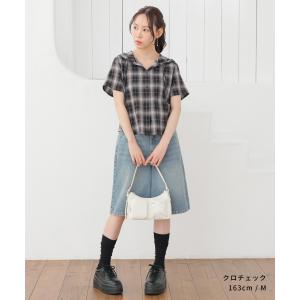 トップス ブラウス 半袖 フード付き チェック...の詳細画像1