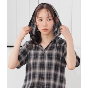 トップス ブラウス 半袖 フード付き チェック...の詳細画像2