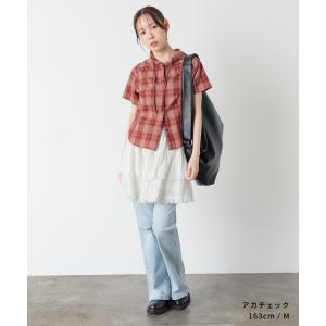 トップス ブラウス 半袖 フード付き チェック...の詳細画像5