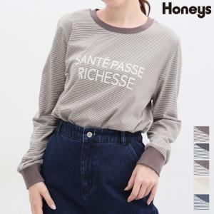 トップス Tシャツ 長袖 ロンT ロゴ 細ボーダー 配色 綿 コットン レディース 秋 SALE セール Honeys ハニーズ ボーダーロゴＴシャツ｜honeys-online