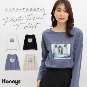 トップス Tシャツ ロンＴ 長袖Tシャツ カットソー 長袖 フォトプリント クルーネック 綿100％ レディース Honeys ハニーズ フォトプリントＴシャツ
