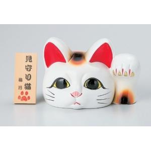 白　見守り猫　大　高さ　9cm　木札付　 常滑焼