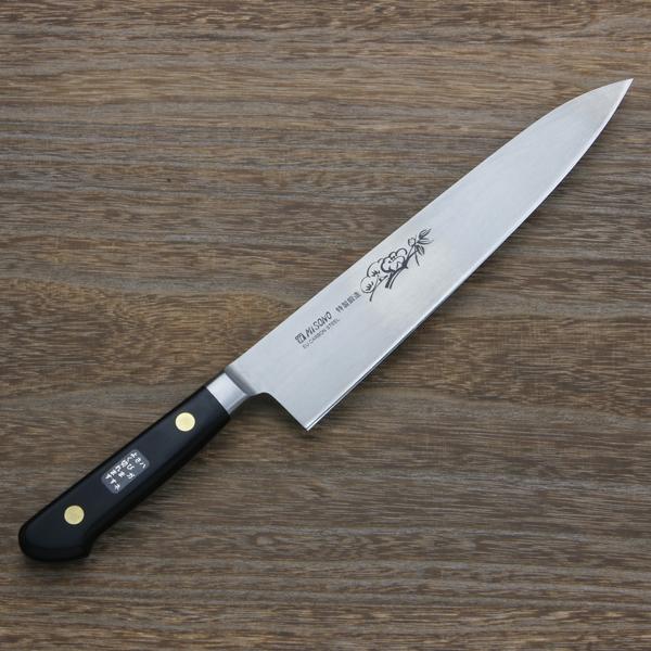 ミソノ 牛刀 両刃 210mm EUカーボン鋼 共口金付き 彫刻入り 本刃付け 黒合板柄