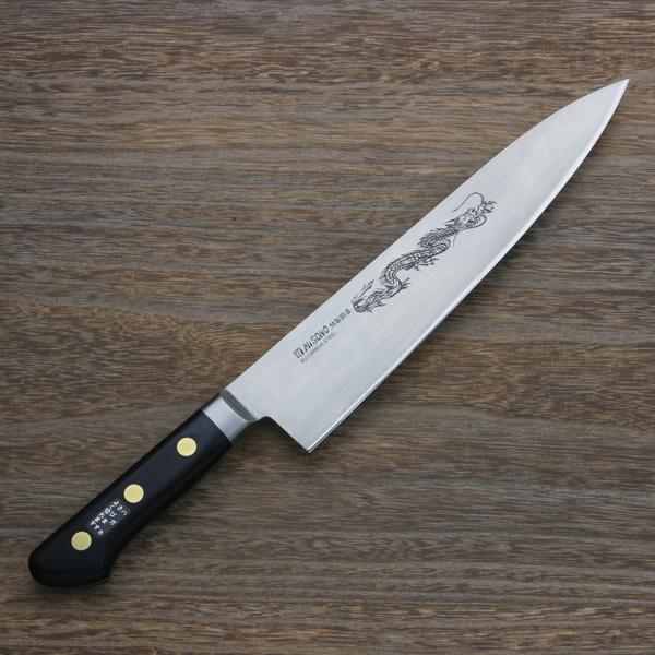 ミソノ 牛刀 両刃 240mm EUカーボン鋼 共口金付き 彫刻入り 黒合板柄