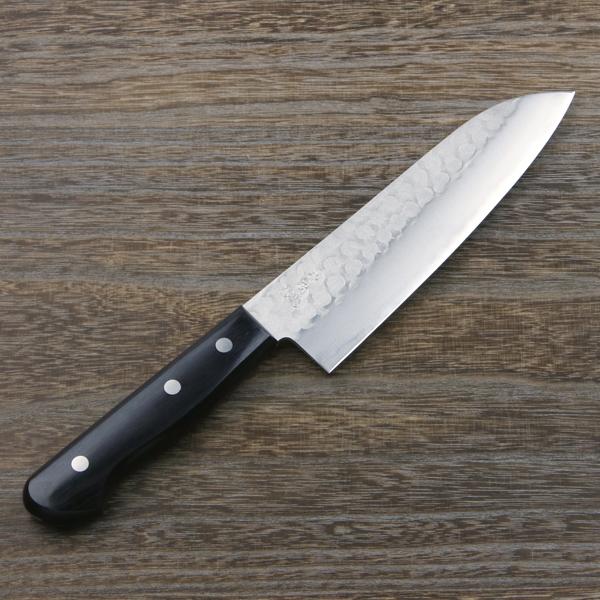 名入れ無料 三徳包丁 両刃 170mm 青紙鋼 割込み ステンレス 梨地槌目仕上げ 黒合板柄 日本製