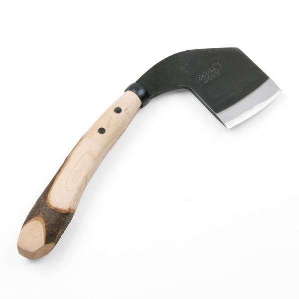 日野浦刃物工房 味方屋作 越後鍛冶鉈 両刃 千葉型 首曲り 桜柄 刃当て付き