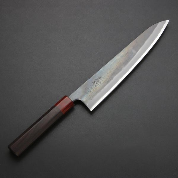 元兼 牛刀 240mm 両刃 青紙スーパー 割込み 黒打ち仕上げ 土佐打ち刃物 赤口輪紫檀八角柄