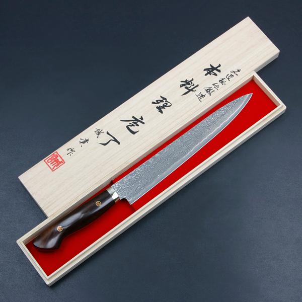 田中誠貴作 筋引包丁 両刃 240mm 粉末ハイスR2 割込み ステンレス ダマスカス模様 口金付き...