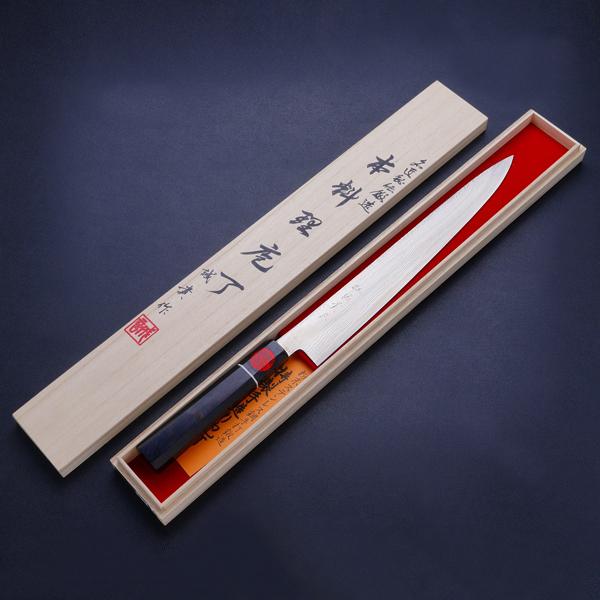 誠貴作 筋引包丁 両刃 270mm 粉末ハイス積層鋼 ダマスカス模様 磨き仕上 水牛八角黒檀柄 木箱...