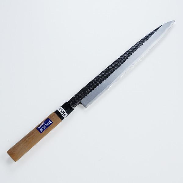 柳刃包丁 片刃 270mm 青紙2号 黒打ち槌目仕上げ カスミ研 桜柄 一般家庭向け