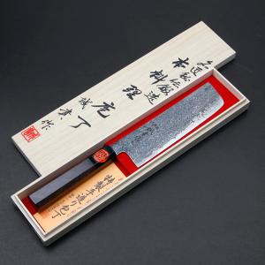 越前数馬作 村雨 白紙 黒仕上 角型 菜切包丁 165mm 水牛桂 八角柄