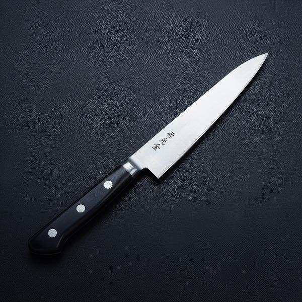 名入れ無料 源光金 ペティナイフ 両刃 150mm 日本鋼 共口金付き 黒合板 日本製