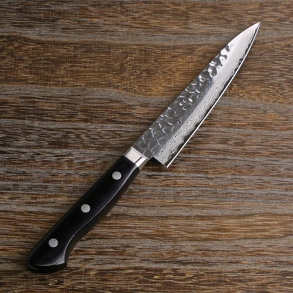 ペティナイフ 両刃 135mm V金10号 割込み ステンレス 磨き槌目ダマスカス17層 口金付き黒...
