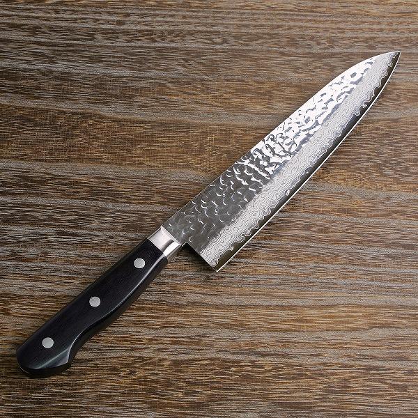 牛刀 両刃 210mm V金10号 割込み ステンレス 磨き槌目ダマスカス17層 口金付き黒合板柄