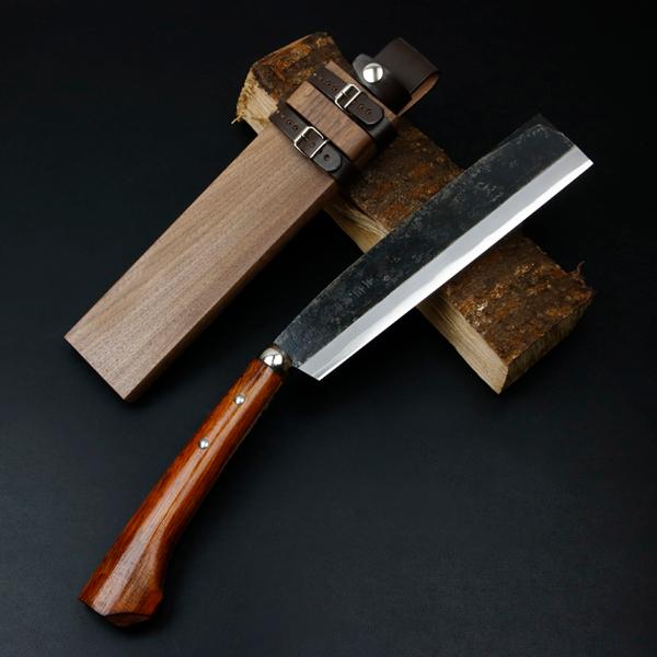 東周作 最高級 黒打腰鉈 両刃240mm 白紙鋼 ウォルナット鞘