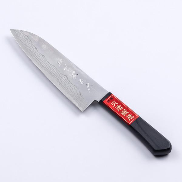 名入れ無料 重宏別作 三徳包丁 両刃 170mm V金10号 ステンレス ダマスカス模様 黒合板柄 ...