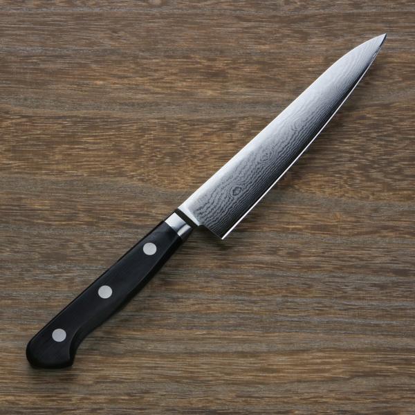 名入れ無料 ペティナイフ 両刃 150mm V金10号 ステンレス ダマスカス模様 共口金付き 黒合...