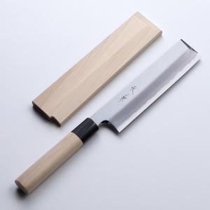 堺元兼 鎌型薄刃包丁 片刃 180mm 白紙2号 刃金つけ 水牛柄 木鞘付 日本