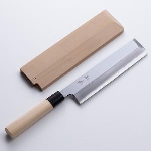 堺元兼 鎌型薄刃包丁 片刃 180mm 白紙2号 刃金つけ 水牛柄 木鞘付 日本