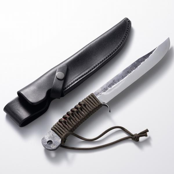名入れ可能 青紙鋼 アウトドア用ナイフ 165mm ロープ巻柄 本革ケース付 アウトドアナイフ フィ...