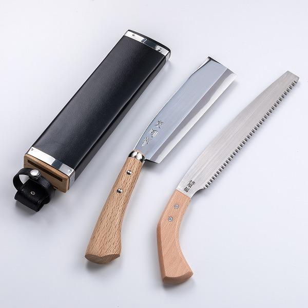 東周作 極上 腰鉈 両刃195mm ＆ 鋸240mm 青紙鋼 二丁差し 鞘付き ナタ
