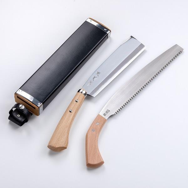 東周作 極上 腰鉈 両刃210mm ＆ 鋸240mm 青紙鋼 二丁差し 鞘付き ナタ