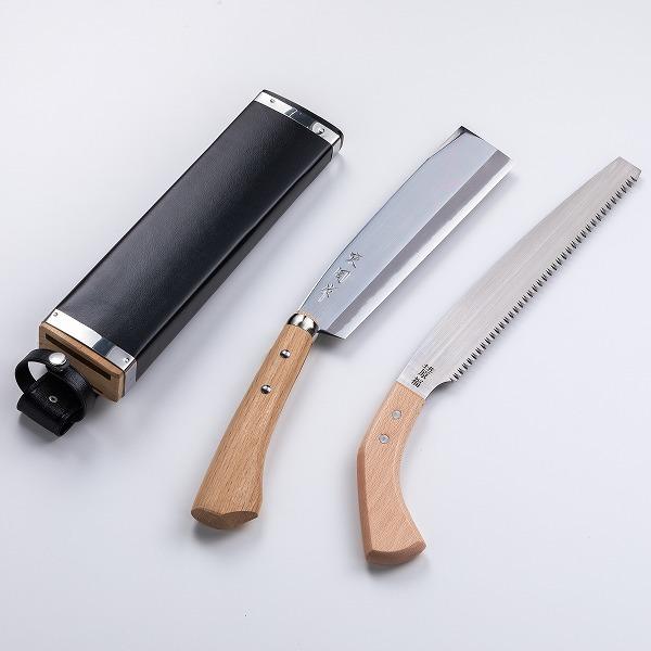 東周作 極上 腰鉈 両刃210mm ＆ 鋸270mm 青紙鋼 二丁差し 鞘付き ナタ