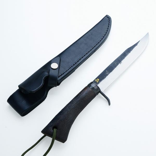 名入れ可能 青紙鋼 アウトドア用ナイフ 165mm 黒打ち仕上げ 黒焼樫木柄 本革ケース付  キャン...