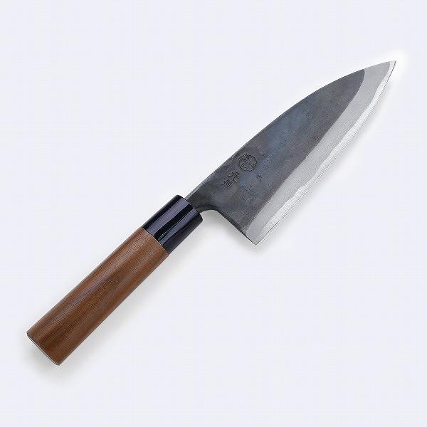 出刃包丁 両刃 150mm 青紙1号 割込み 黒打ち仕上げ クルミ柄 元兼 日本製
