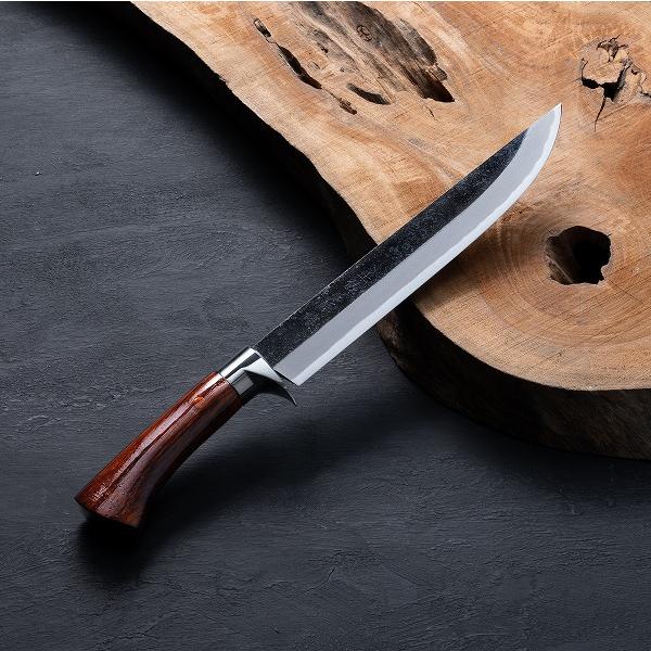 東周作 狩猟用 剣鉈 直刃 7寸 210mm青紙鋼 黒打ち仕上げ 洋漆柄 鞘付き  火造り鉈 和式ナ...