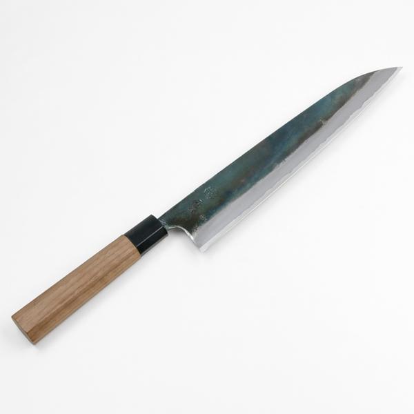 元兼 和牛刀 両刃 240mm 青紙1号 割込み 黒打ち仕上げ クルミ柄 日本製