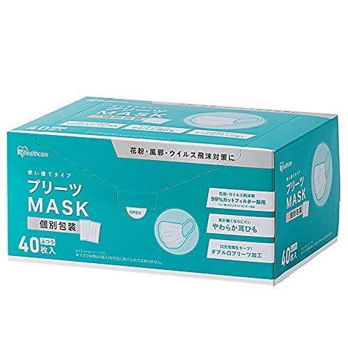 アイリスオーヤマ マスク 不織布 プリーツマスク 40枚入 ふつうサイズ 耳が痛