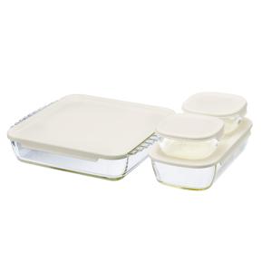 HARIO　ハリオ　スタッキング耐熱ガラス製コンテナ・スクエア4個セット 　蓋カラー：ホワイト 　満...