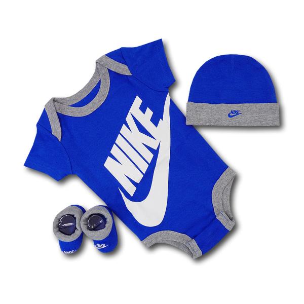 べビー ナイキ ロンパース3点セット Nike Infant Set 帽子 靴下 ギフトセット　青灰...