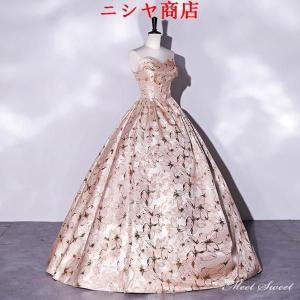 カラードレス 編み上げ ピンク 花柄 ビスチェ...の詳細画像1
