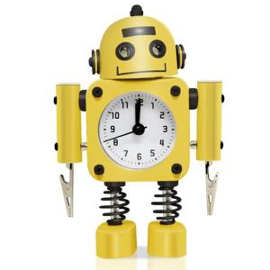 送料無料　ロボット　目覚まし時計　ステンレス　メタル　-　ウェイクアップクロック　点滅　アイライト　と　ハンドクリップ付き　イェロー