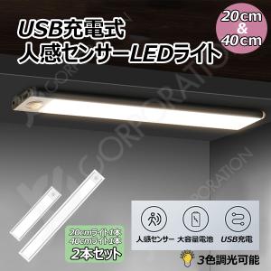 人感センサーLEDライト【20cm1本・40cm1本の2本セット】LEDセンサーライト 調光 調色 輝度調整 マグネット 超薄型設計 明るさ調整可能 USB充電式｜hori888