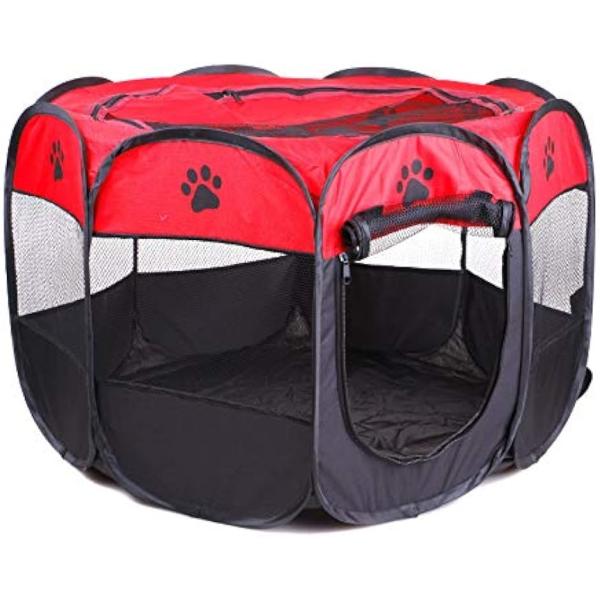 ペット用 犬 猫 ケージ 八角形 折りたたみサークル( レッド,  Ｍ)