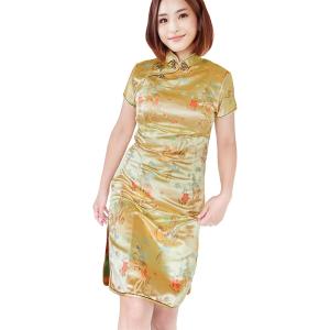 チャイナドレス コスプレ チャイナ服 半袖 膝丈 チャイナワンピース 金色( ゴールド,  L)
