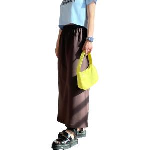 シンプル Iライン スウェット ロングスカート カジュアル ウエストゴム タイト ジャージ(ブラウン...