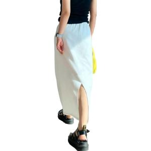 シンプル Iライン スウェット ロングスカート カジュアル ウエストゴム タイト(オフホワイト,  ...