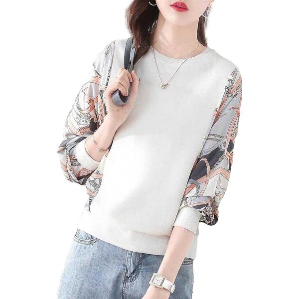 ドルマンスリーブ レディース 長袖 ブラウス トップス スカーフ柄(ホワイト,  L)