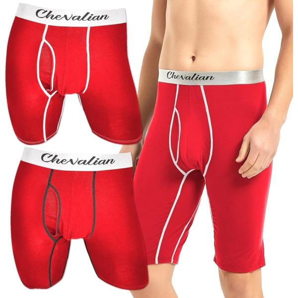 前開き 股ずれ防止 ロングボクサーパンツ ひざ上丈 通気 吸汗 レーヨン メンズ( レッド2枚セット...